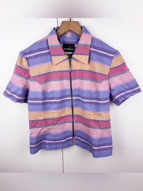 Vintage Striped Zip Front Short Sleeve Collared Blouse Top Lavender Purple Pink